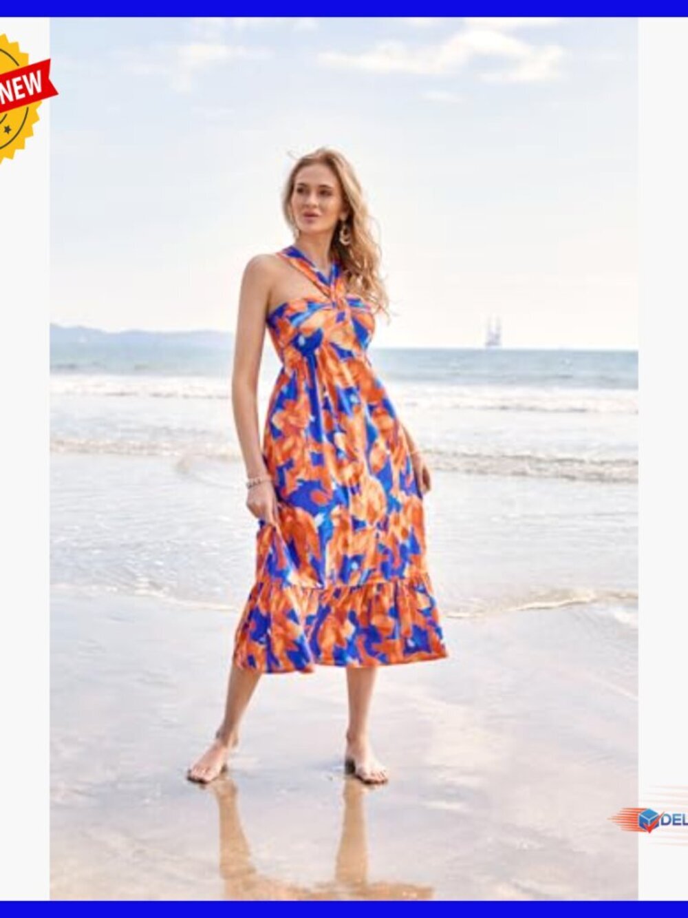Floral Maxi Dress with Halter Neck and Side Pockets for Summer - Picture 3 of 7